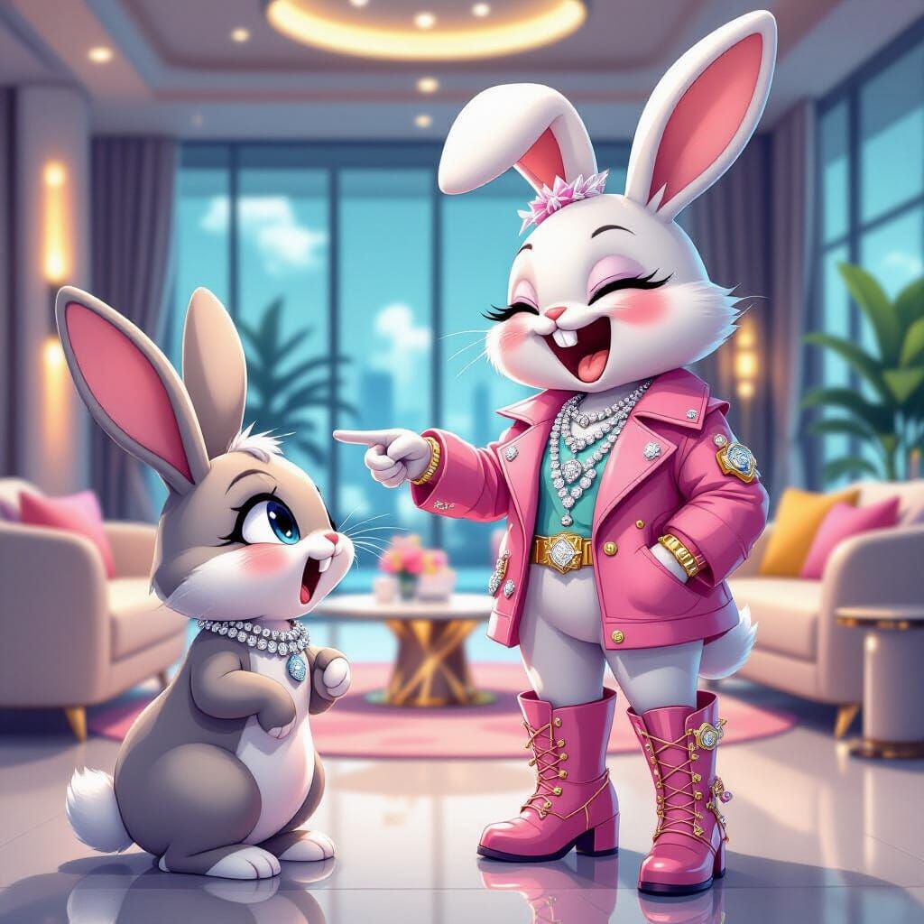 Laughing Bunny in Designer Outfit, Vibrant Colors