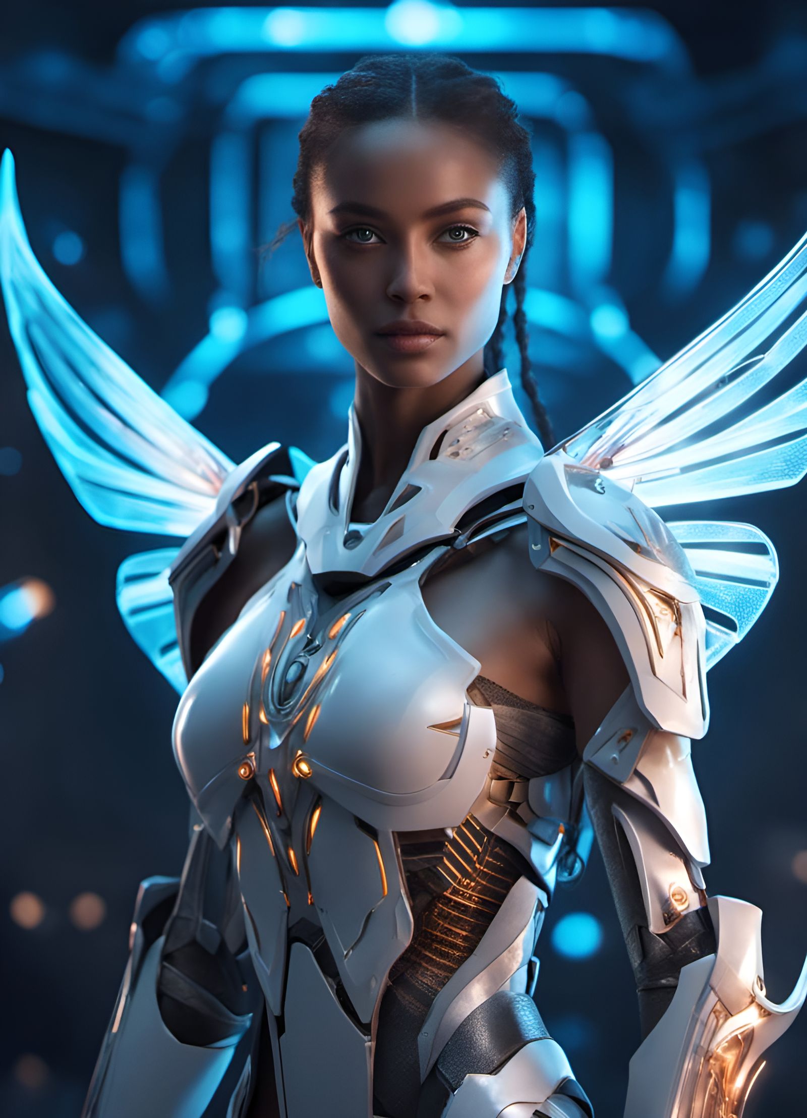 Beautiful Cyborg Angel with Sword and Butterflies