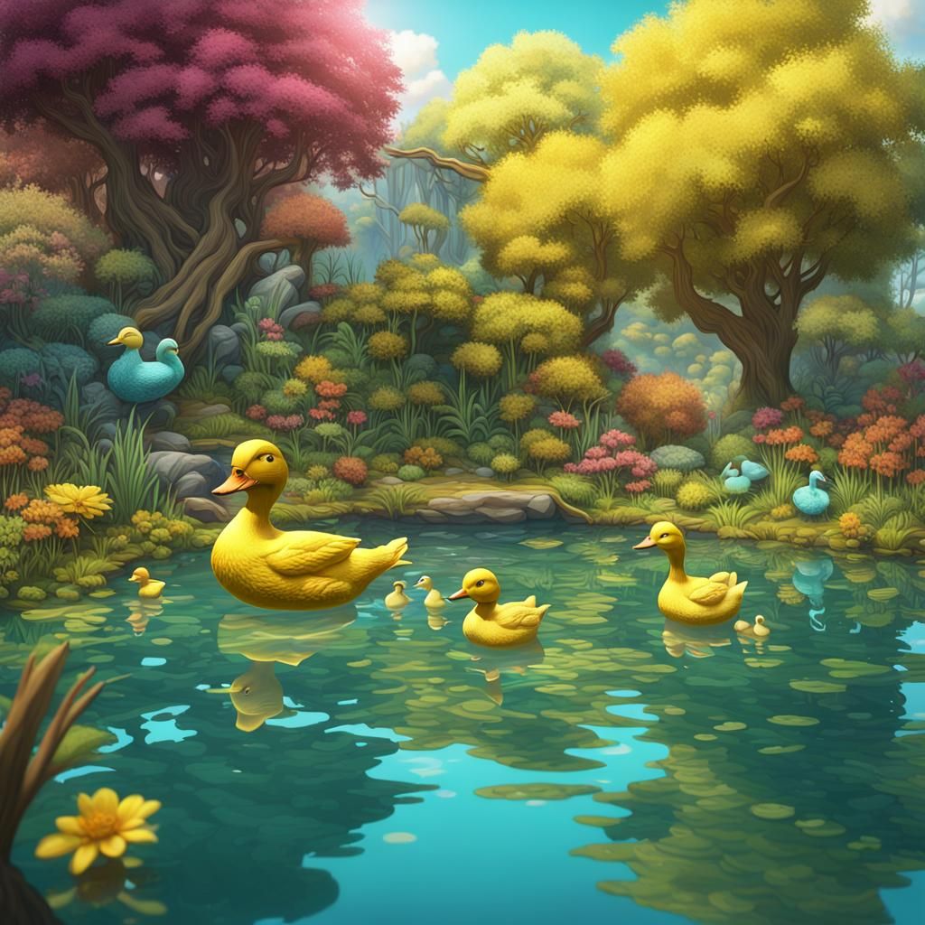 Colorful Ducklings in Pond: Fantasy Concept Art