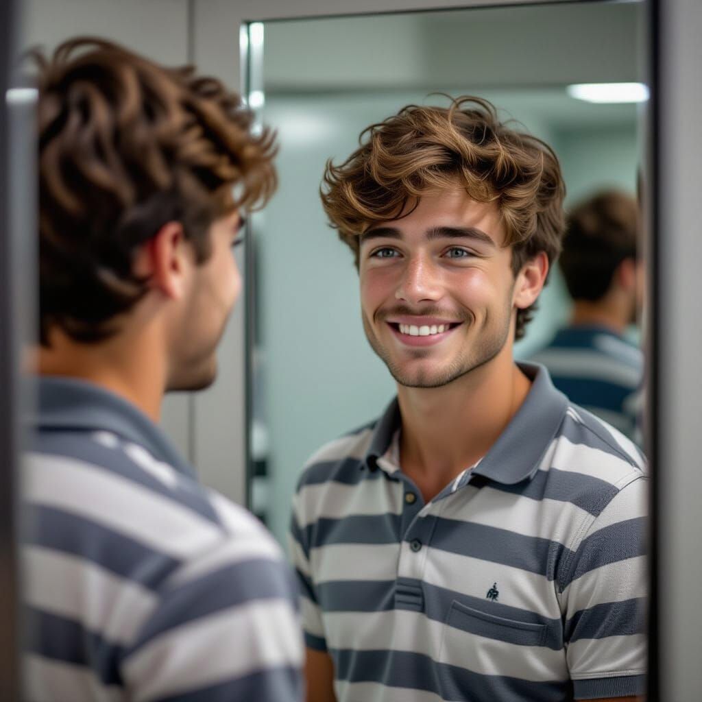 Man Tries On Striped Polo in Moody Changing Room