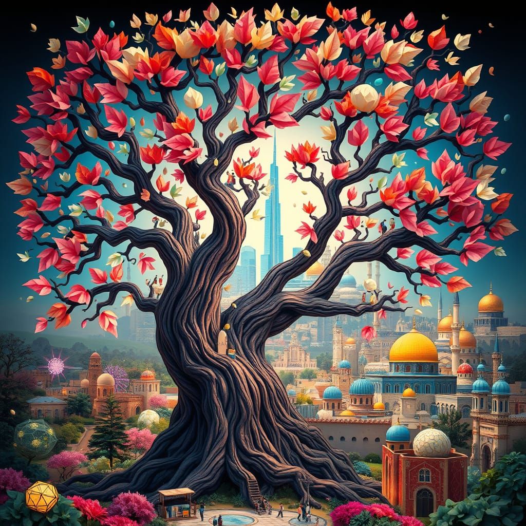 Giant Origami Tree Unfolds to Reveal Miniature Cityscapes in...