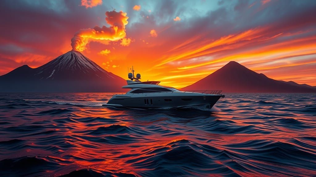 Sailing in Fiery Seas: A Silver Yacht Amidst Stromboli's Vol...