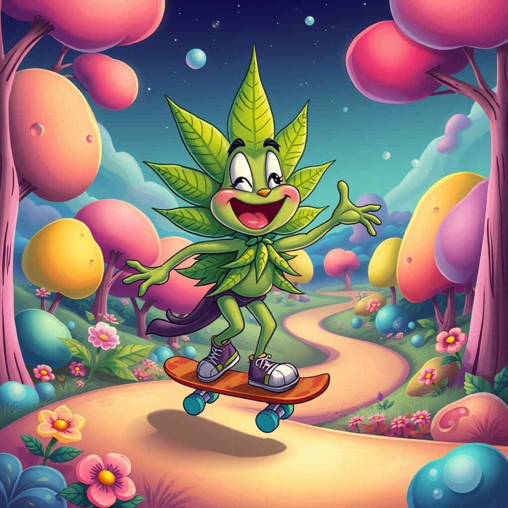 Psychedelic Cartoon Marijuana Leaf Skateboarder