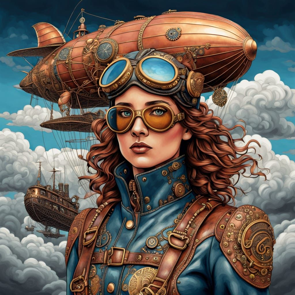 Steampunk Aviator with Airship in Zentangle Style