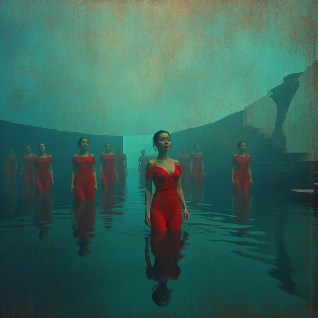 Swimmers in Red Costumes by Ethereal Lake