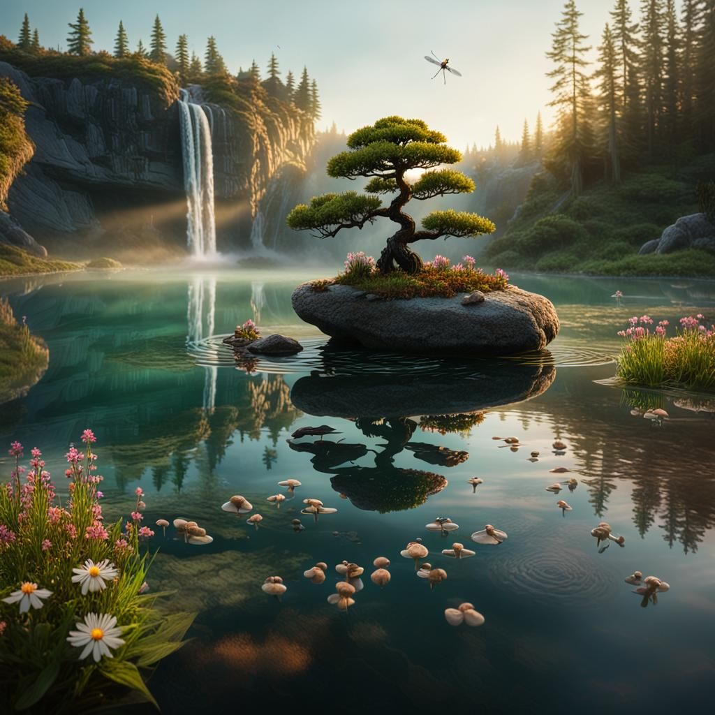 Floating Bonsai Island with Waterfall in Cinematic Style