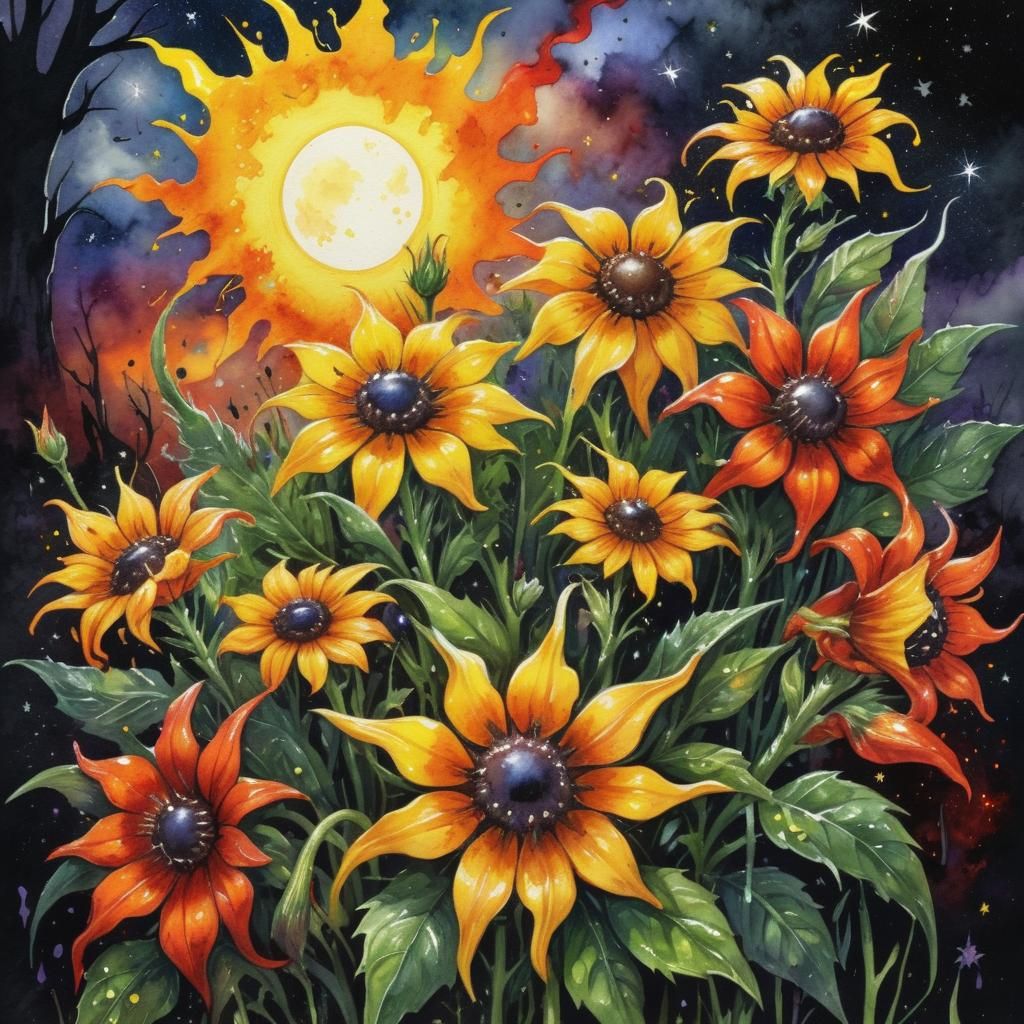 Grotesque Gothic Meadow with Sun, Night, and Stars