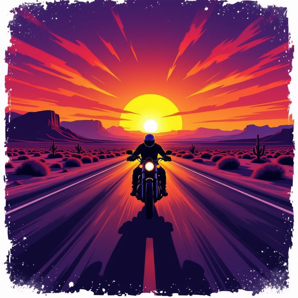 Motorcycle Rider on Desert Highway at Sunset