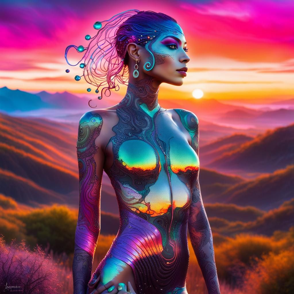 Changeling Woman in Surreal Sunset Landscape