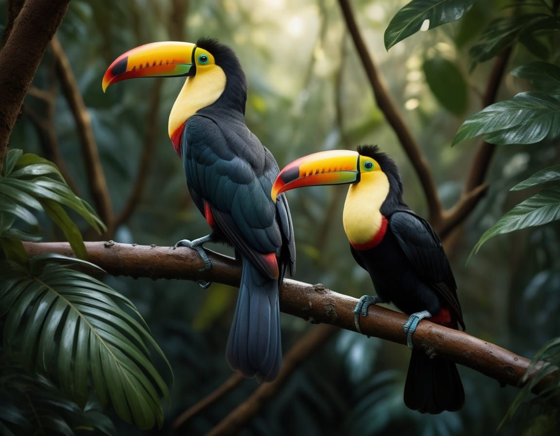 Hyperrealistic Toucans in Lush Forest Canopy