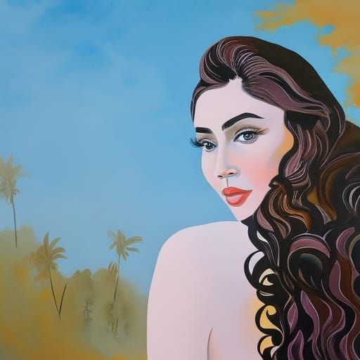 Beautiful Woman Gazing Upward in Gouache Style