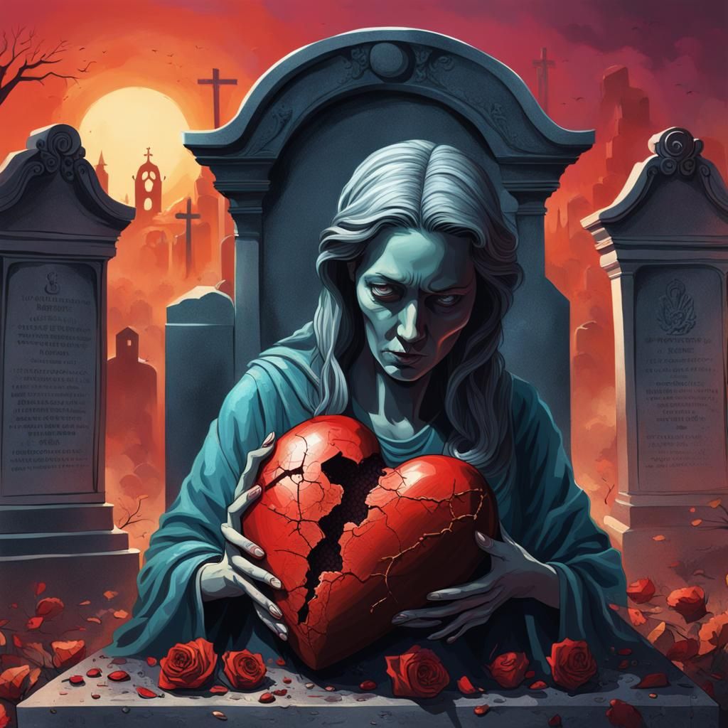 Hyperrealistic Broken Heart at Graveside Scene