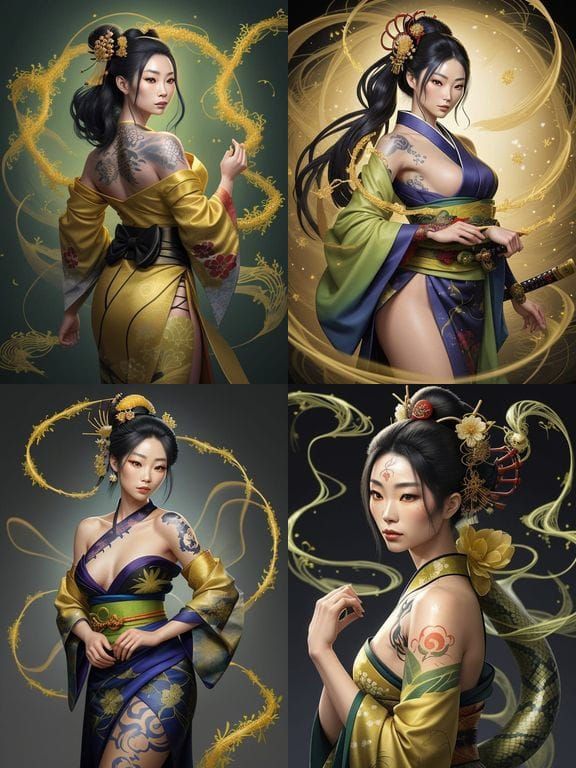 Fantasy Geisha with Katana and Snake Tattoo