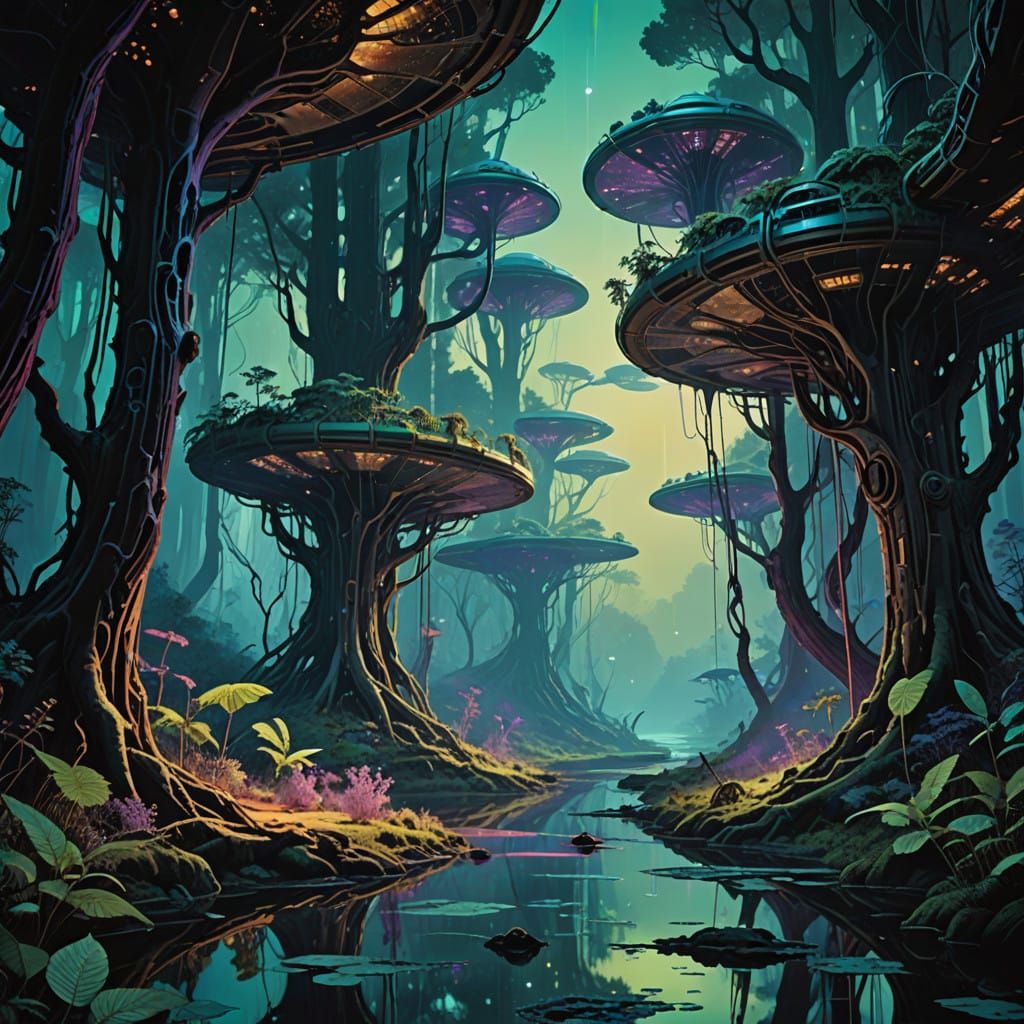 Ethereal Forestscape in Cyberpunk Style
