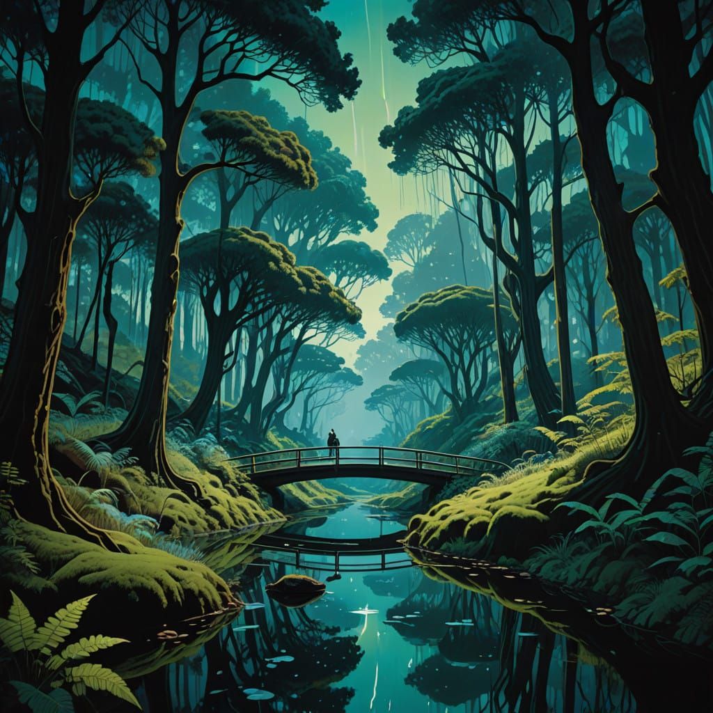 Surreal Forest Dreamscape in Cyberpunk Aesthetic