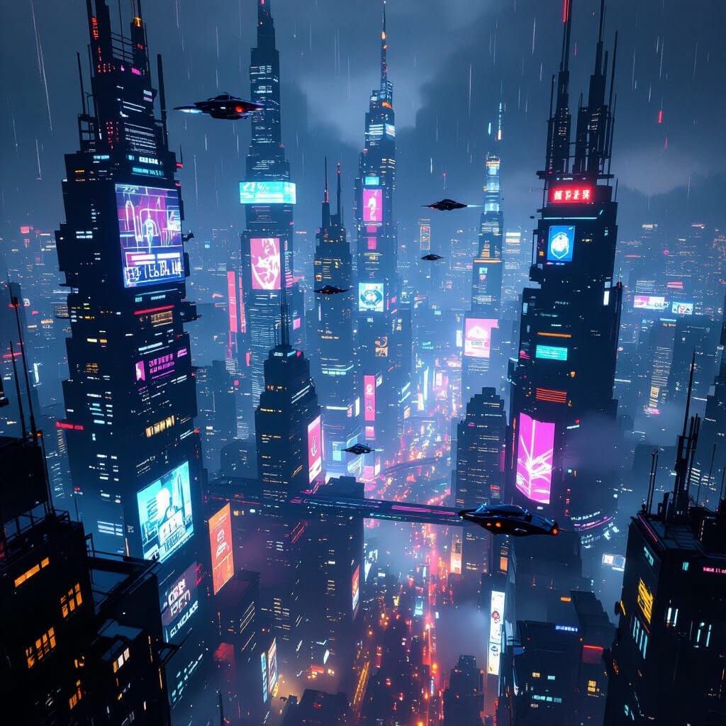 Cyberpunk Metropolis at Night: Neon Skyscrapers & Flying Car...