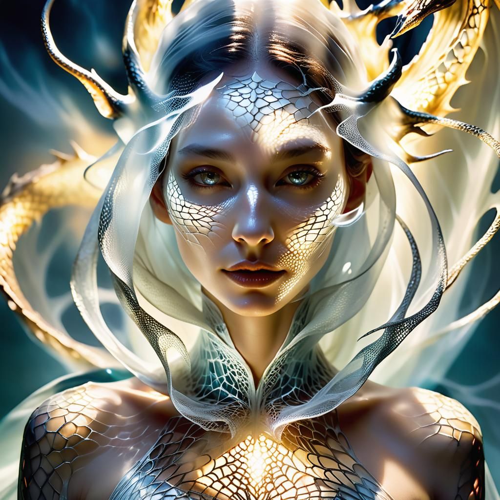 Ethereal Glass Woman with Luminous Veil in Surreal Scene