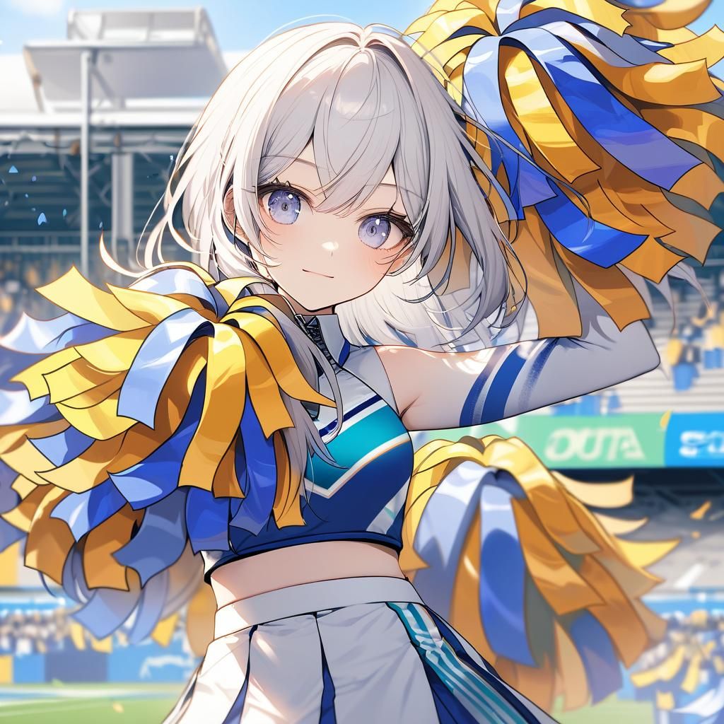 Cheerleader Close-Up with White Hair and Pom-Poms