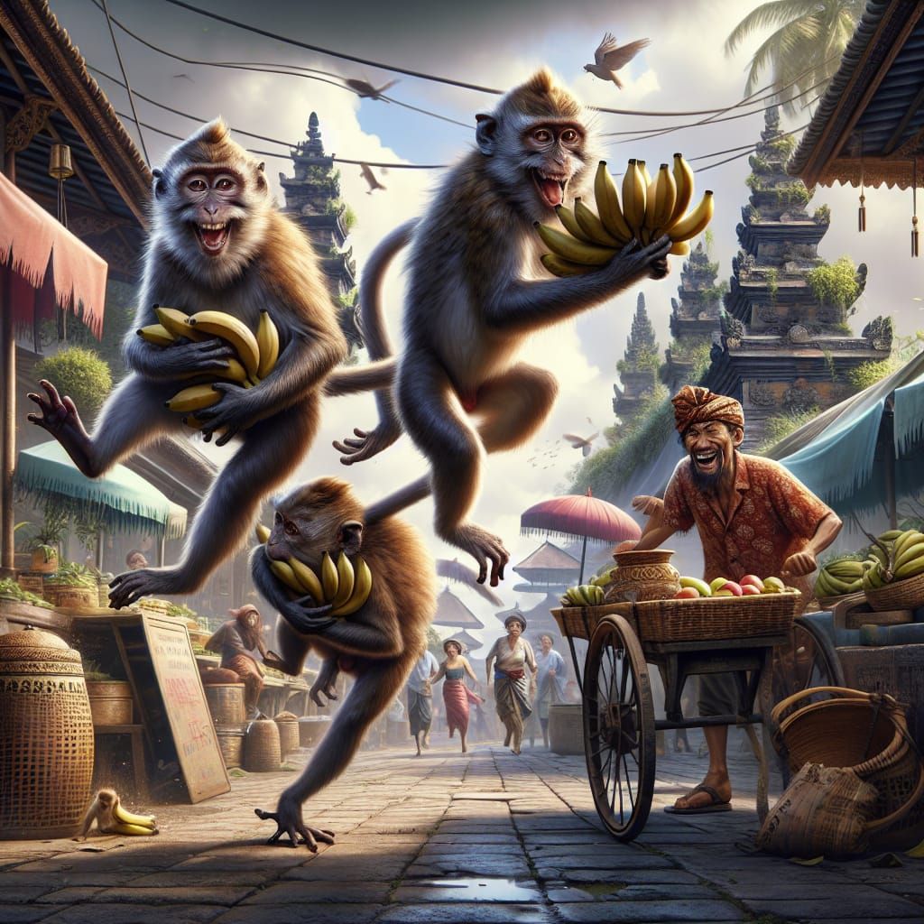 2 monkeys of the Berber macaque breed have just stolen bananas at a market in Africa