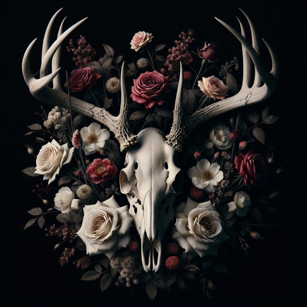 Gothic Deer Skull with Roses and Vines