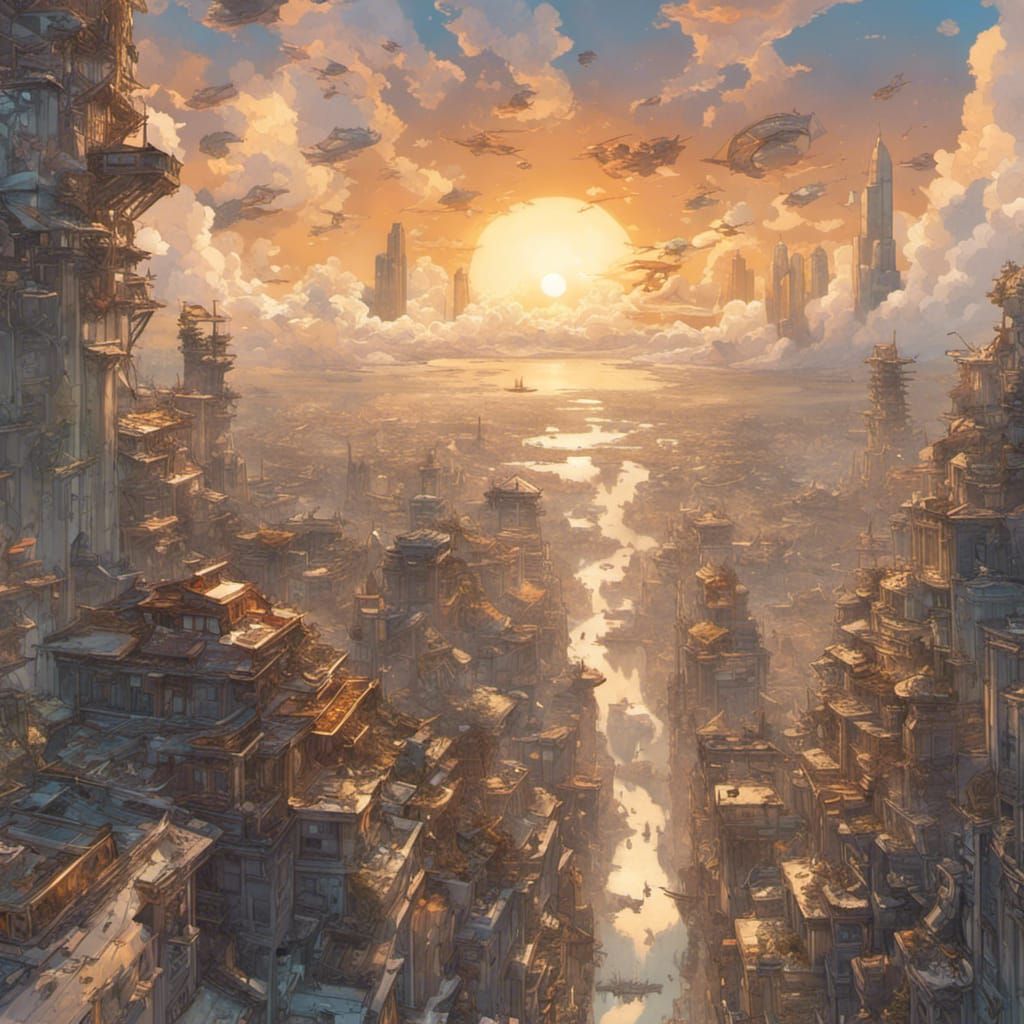 Spectacular Solarpunk City in the Sky at Golden Hour