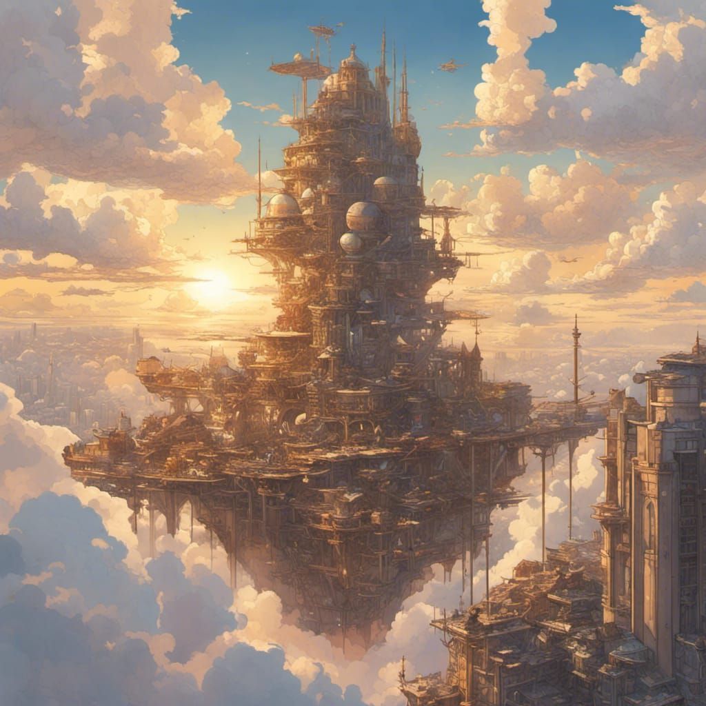 Golden Solarpunk City in the Sky: Fantasy Masterpiece