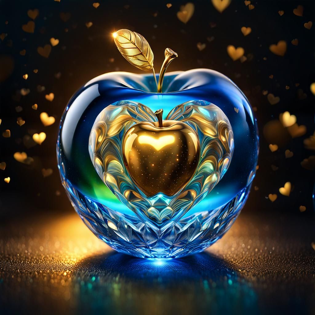 Gold and Blue Crystal Apple with Bioluminescent Glow