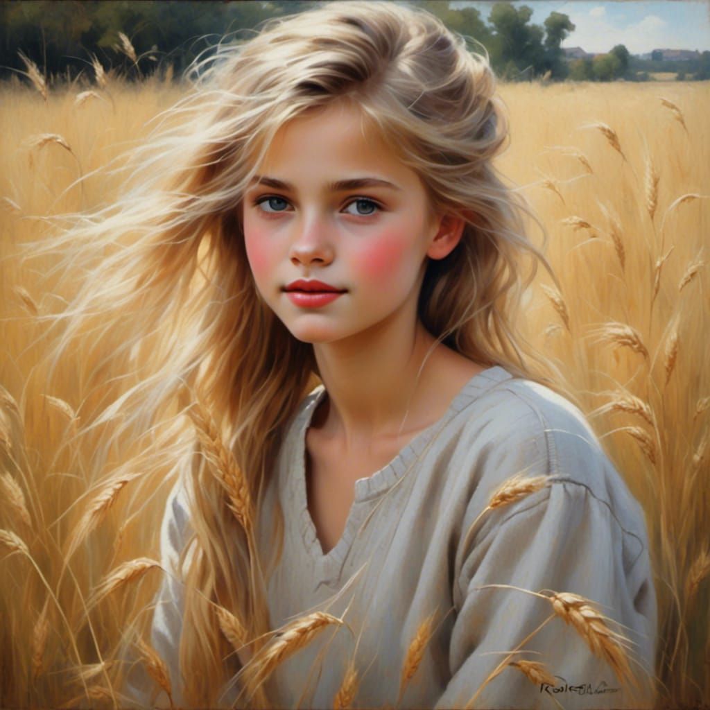 Young Girl with Wheat, Oil Painting in Chalk Art Style