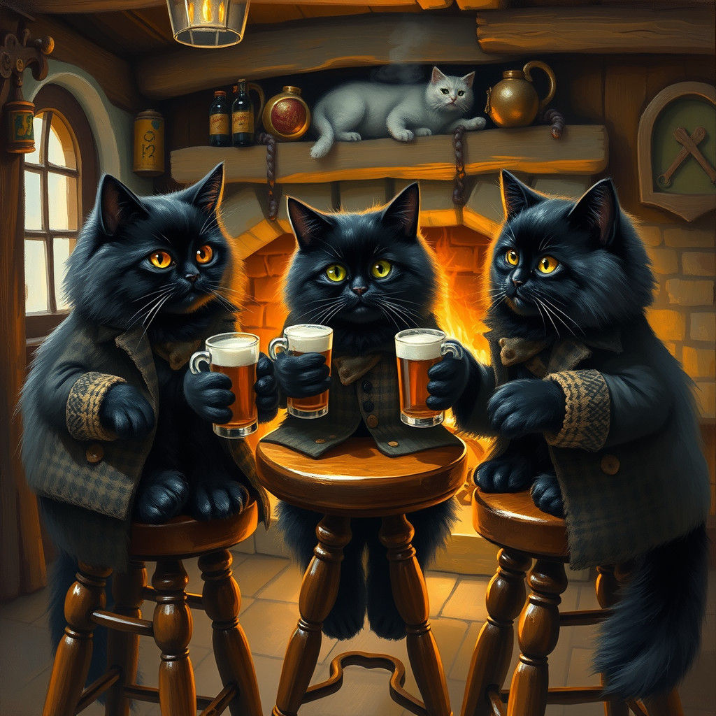 Whimsical Feline Pub Gathering in Traditional English Style