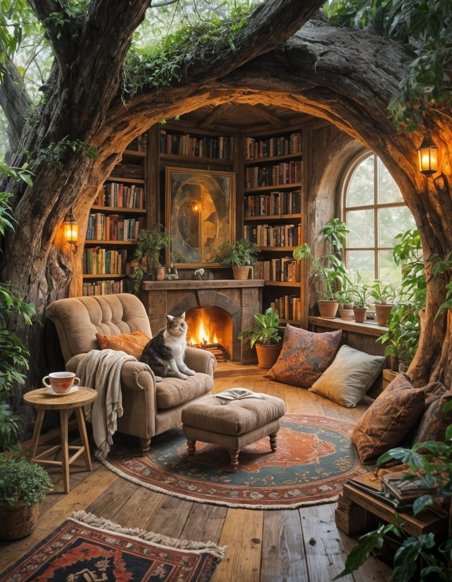 Bohemian Reading Nook Inside a Colossal Oak