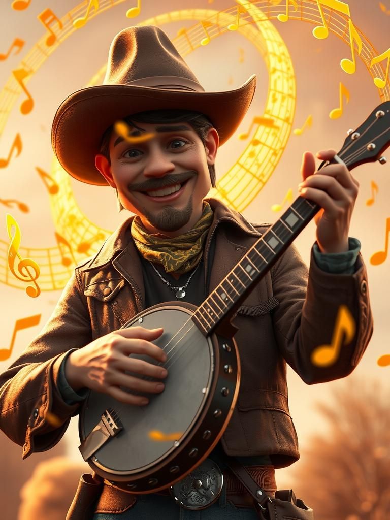 Cowboy shooting music notes from is banjo