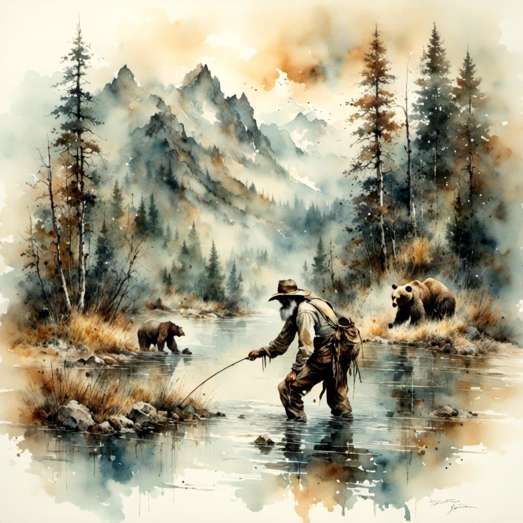 Prospector and Bear Fishing: Watercolor Painting