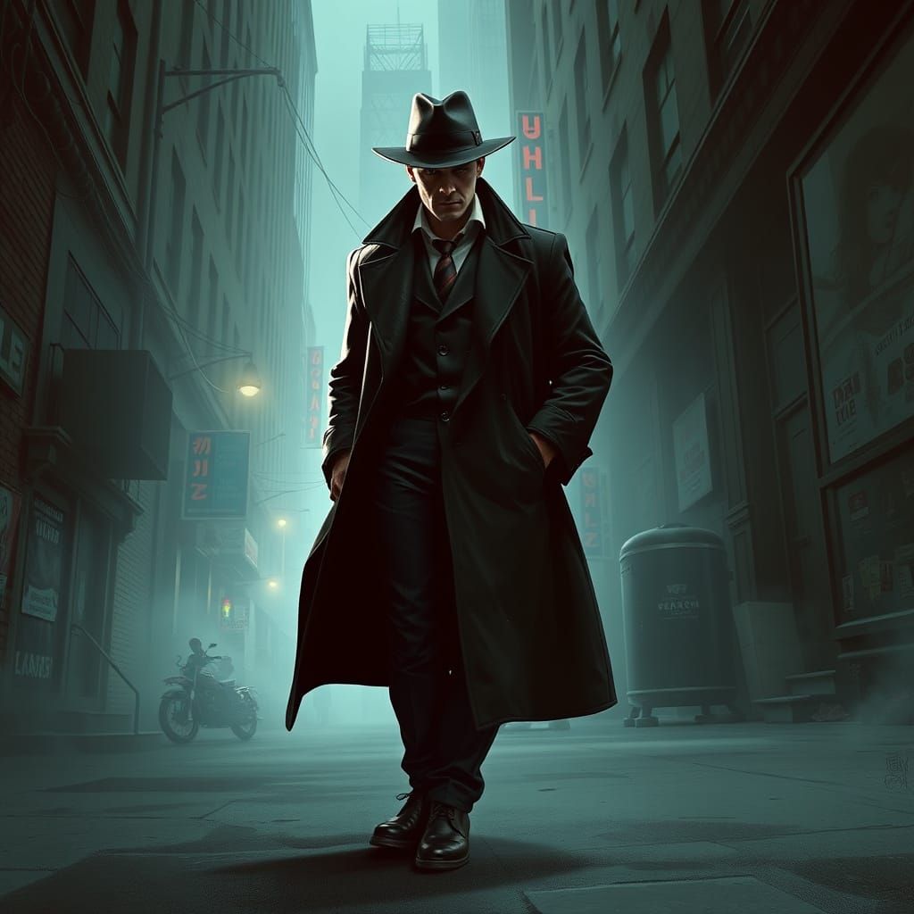 Cyberpunk Detective in Noir Cityscape