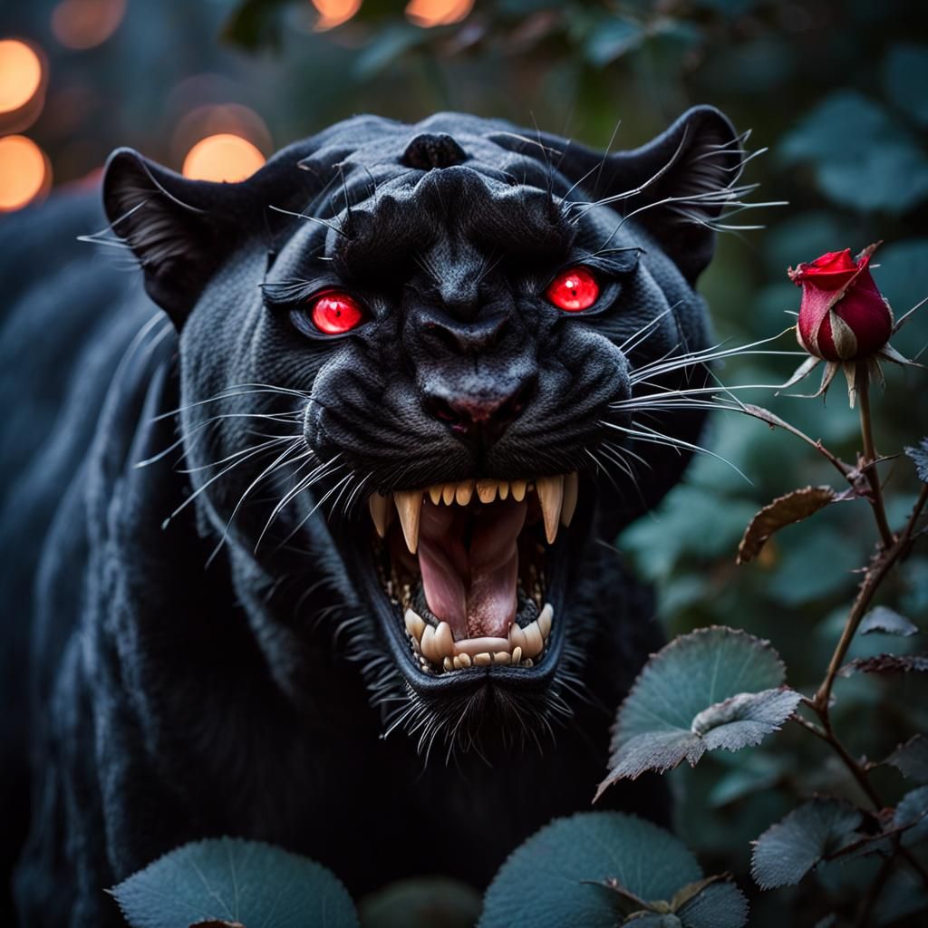 Saber-Toothed Panther in Black Roses, Dark Photo