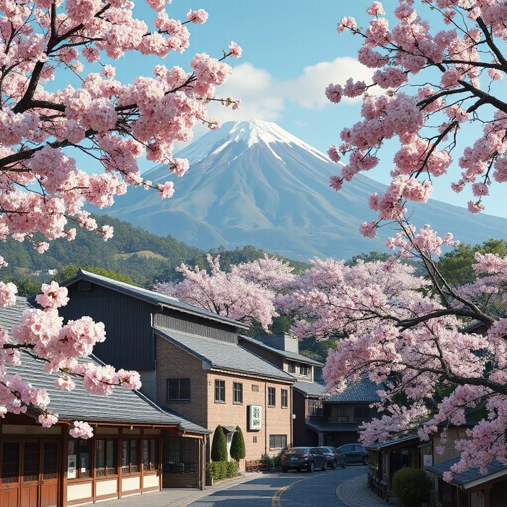 Japanese Town with Mount Fuji in 3D Anime Style