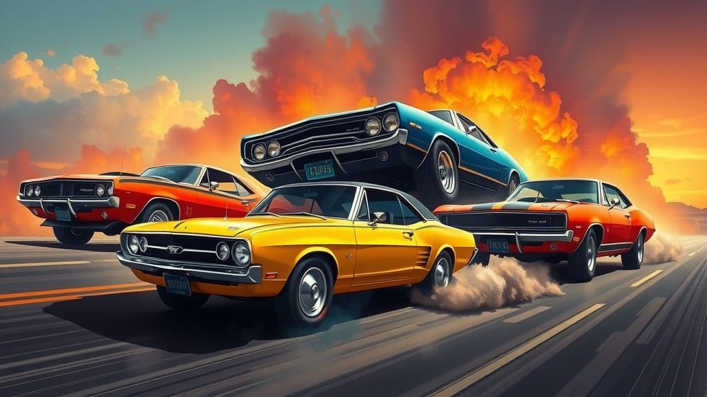 Iconic 1960s Muscle Cars in Cinematic Style