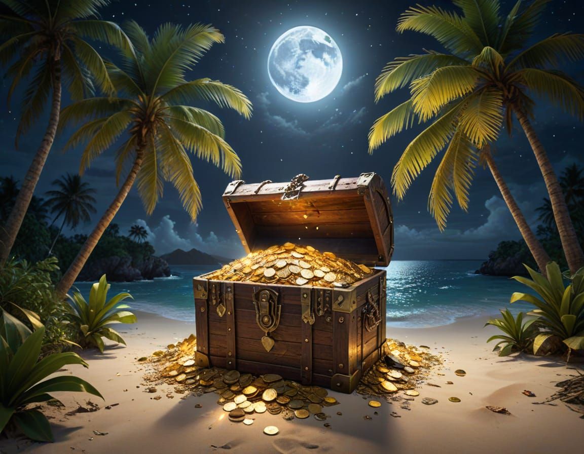 Pirate Treasure Chest Overflowing with Gold Under Moonlight