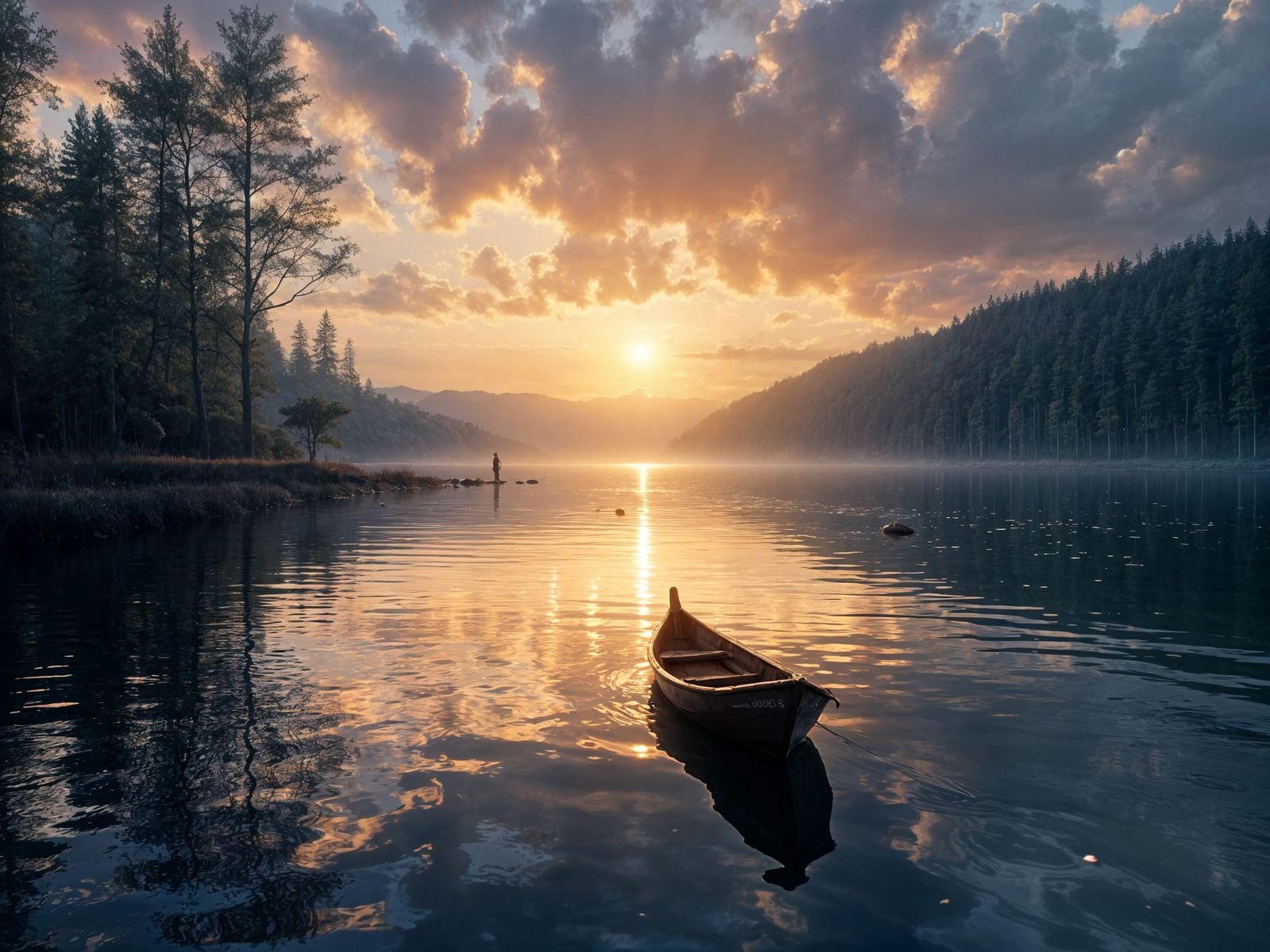 Vibrant Sunset Reflections on Calm Lake Water