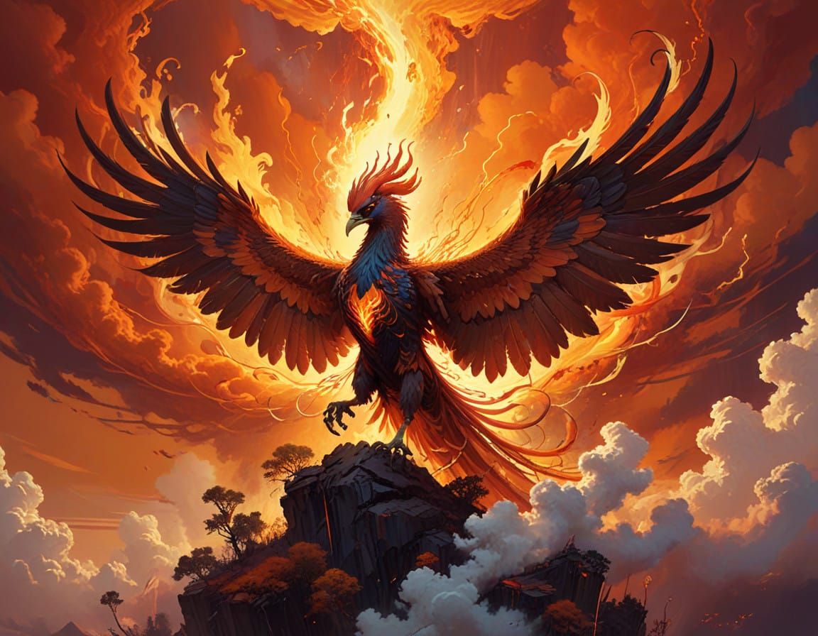 Surreal Phoenix Blazes Through Vibrant, Swirling Clouds
