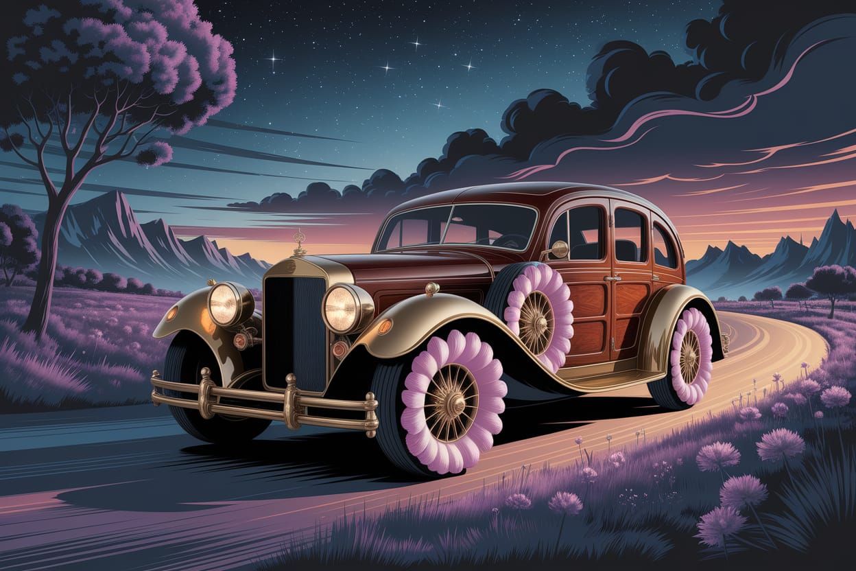 Fantasy Car Made of Wood and Brass in Dreamlike Landscape