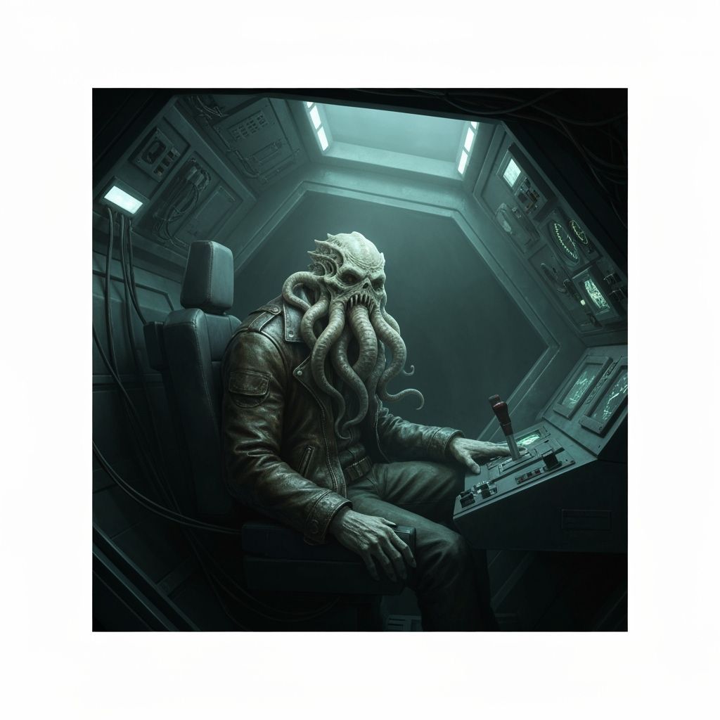 Lovecraftian Monster Piloting Spaceship in Mythical Style