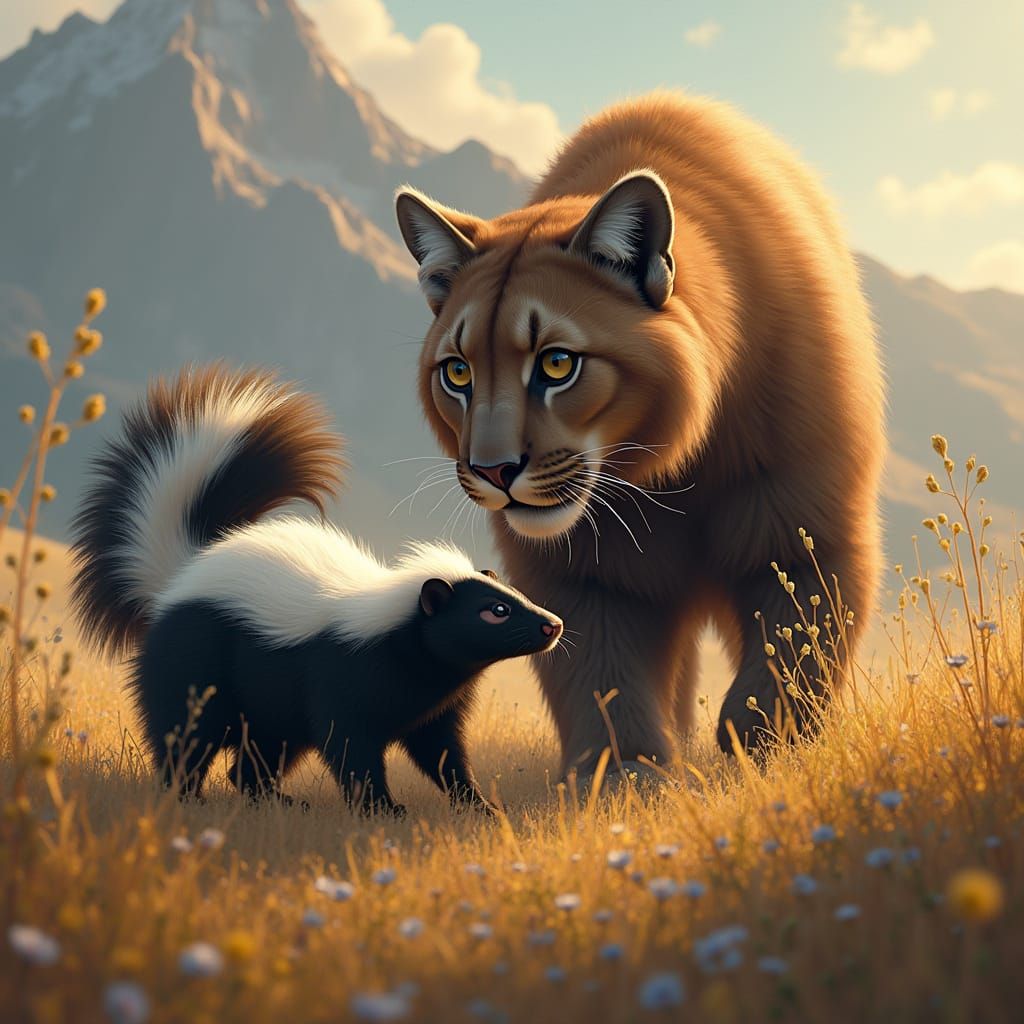 Skunk Meets Mountain Lion in Photorealistic Field