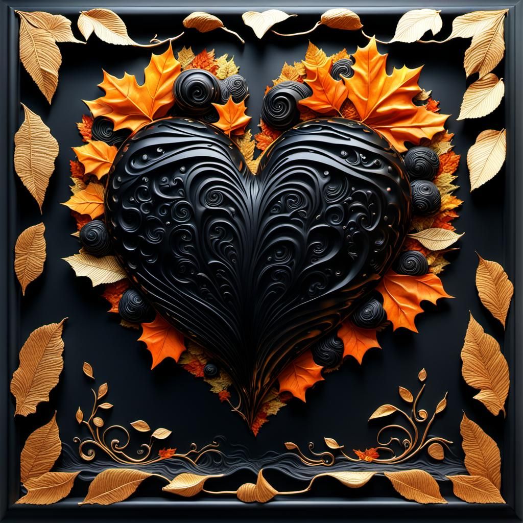 Voluminous Heart of Autumn Leaves: 3D Surrealist Art
