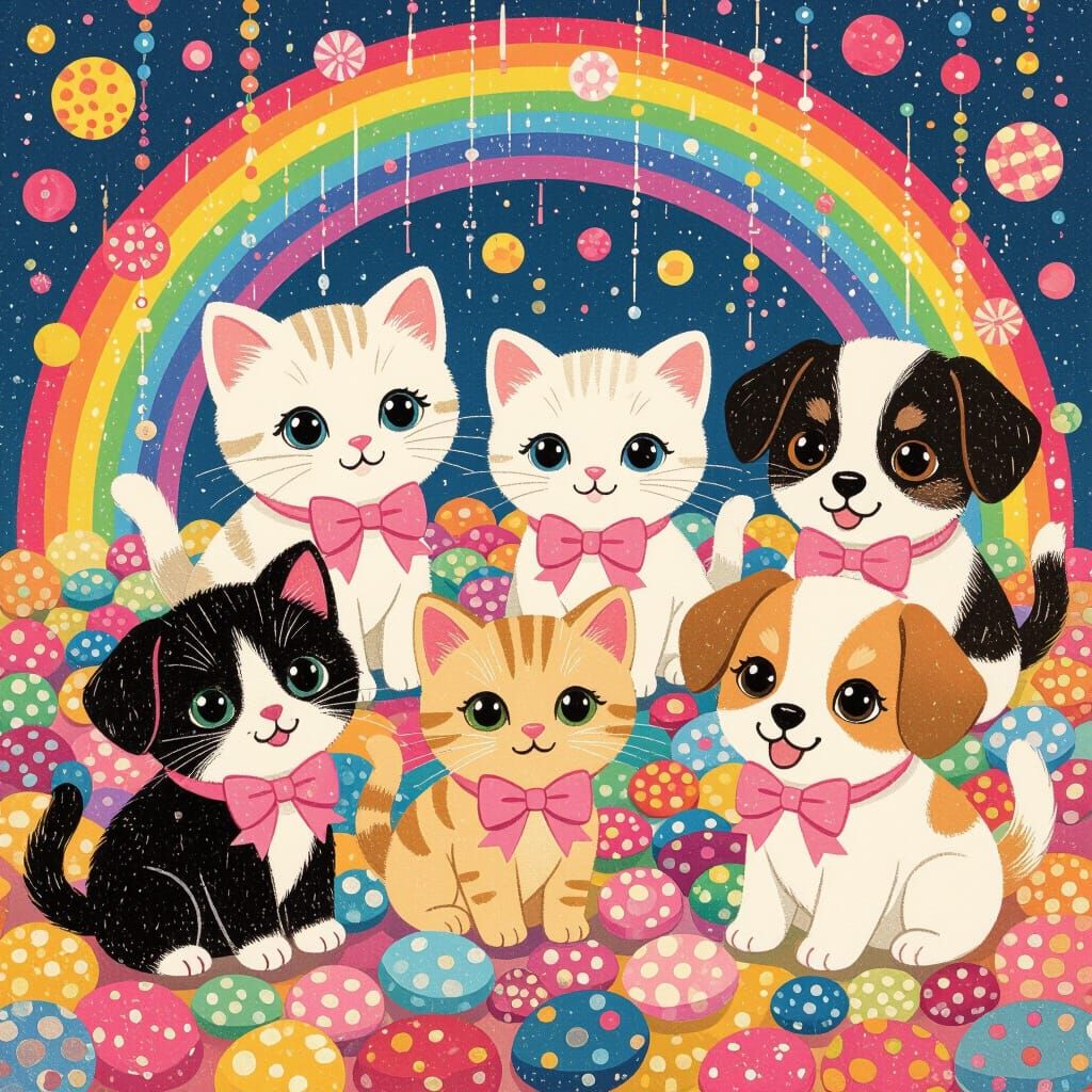 Playful Kittens and Puppies in Whimsical Style