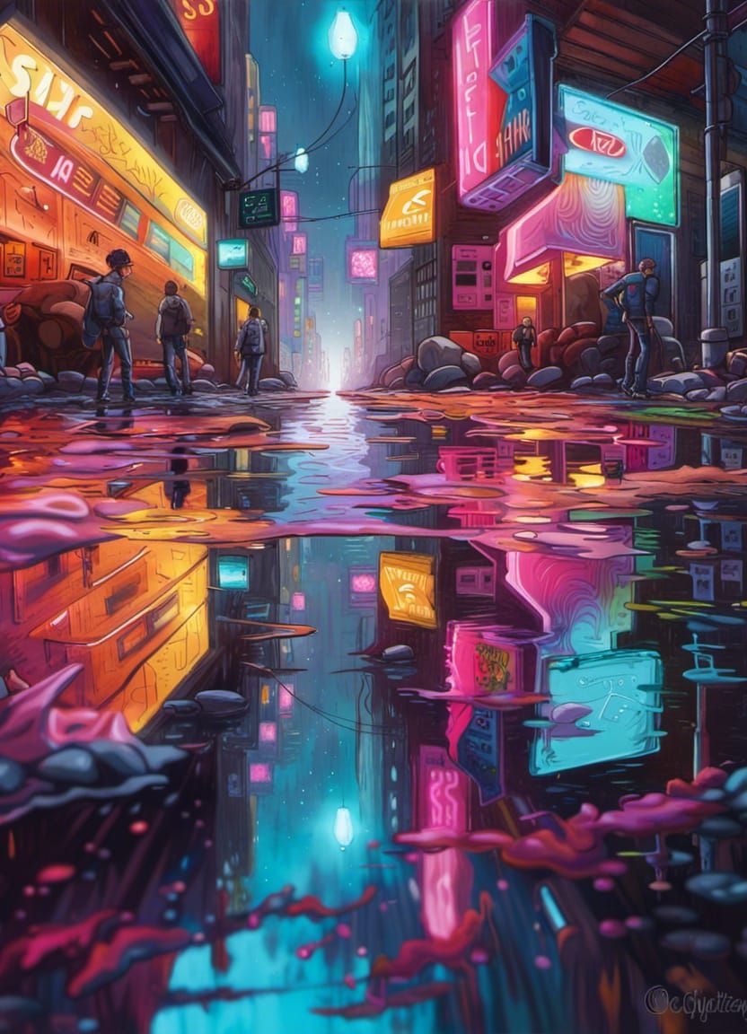 Cyberpunk Street Reflection in Neon Puddle