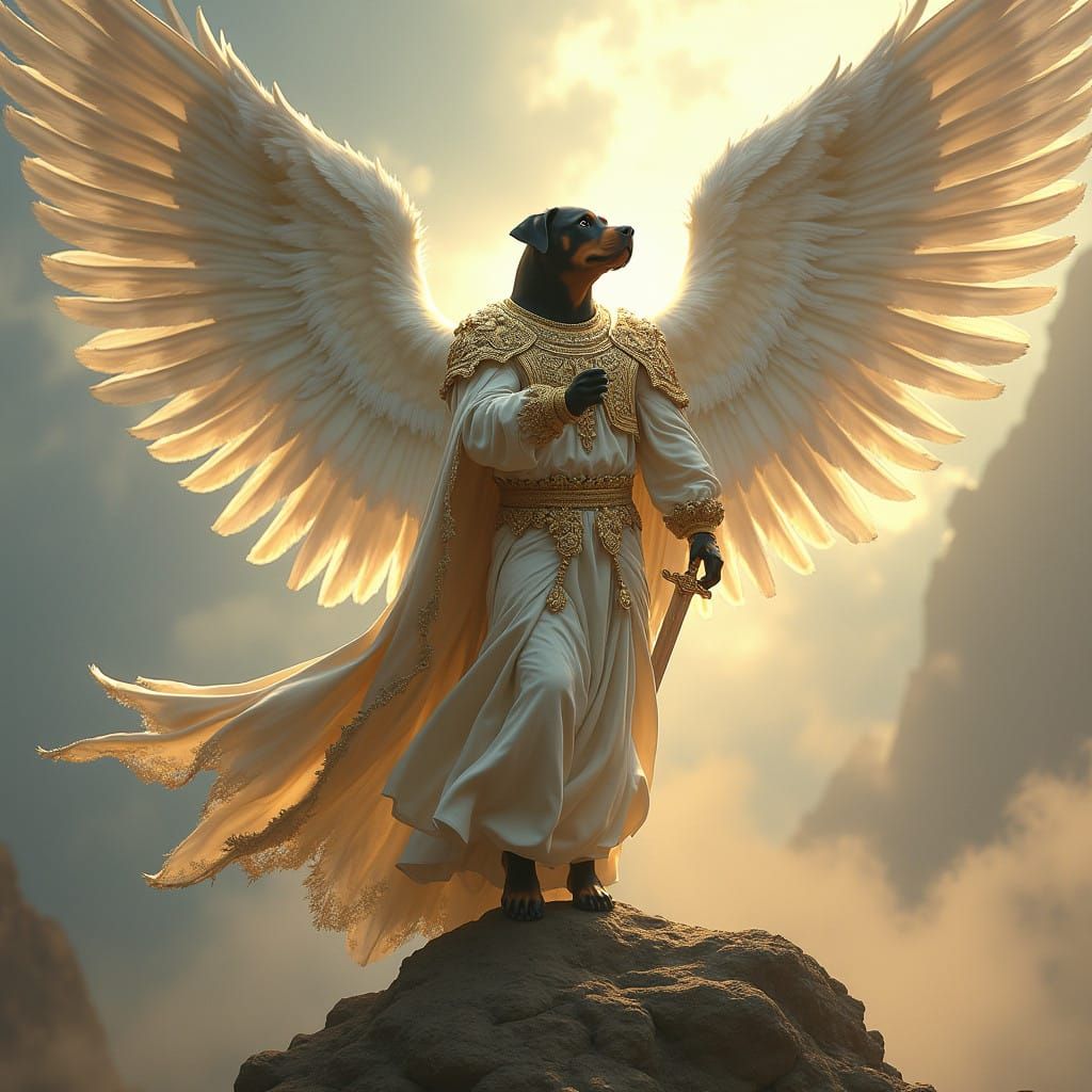 Majestic Angel with Rottweiler Head and Radiant Sword in Hig...