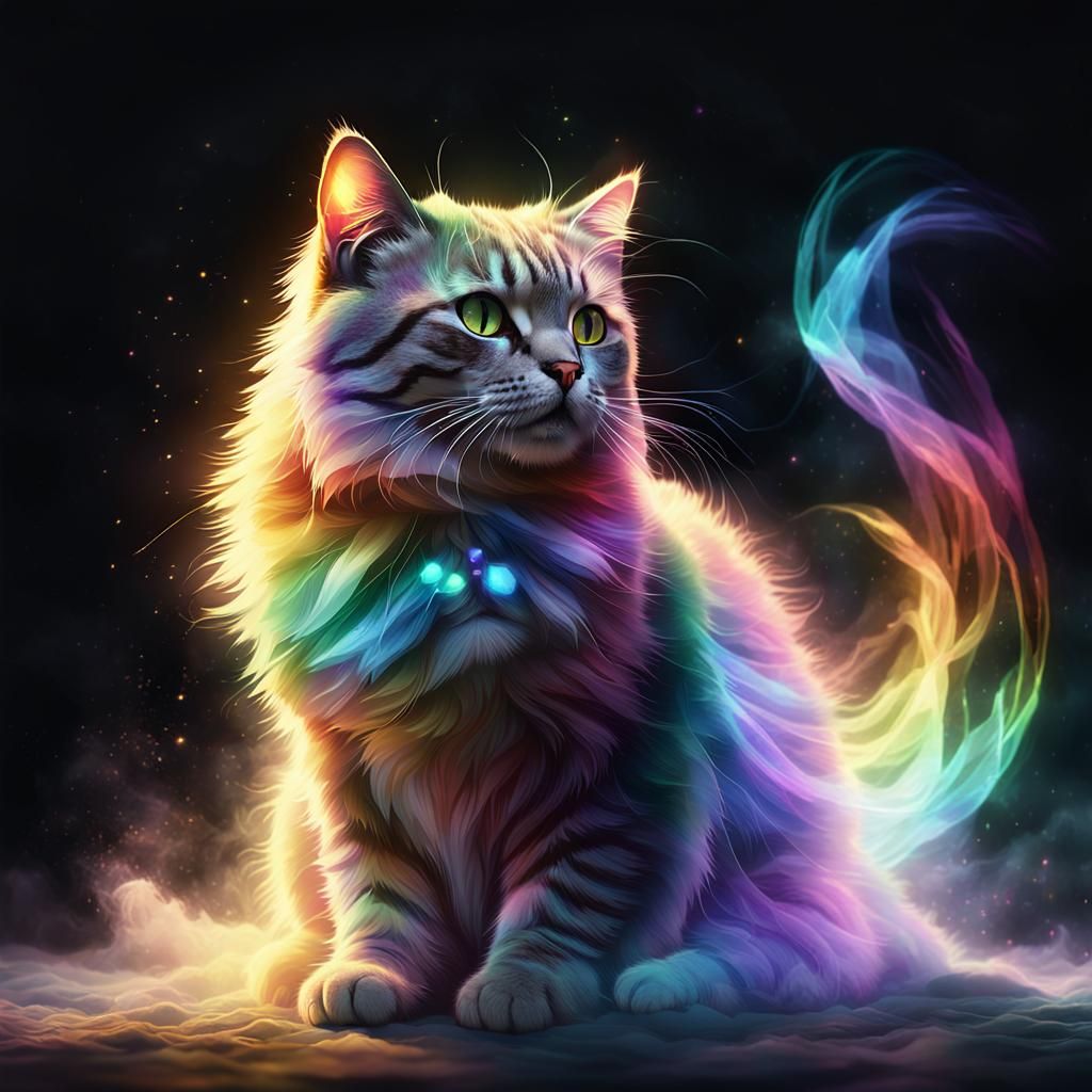 Ethereal Rainbow Cat Ascends in Dreamy Atmosphere