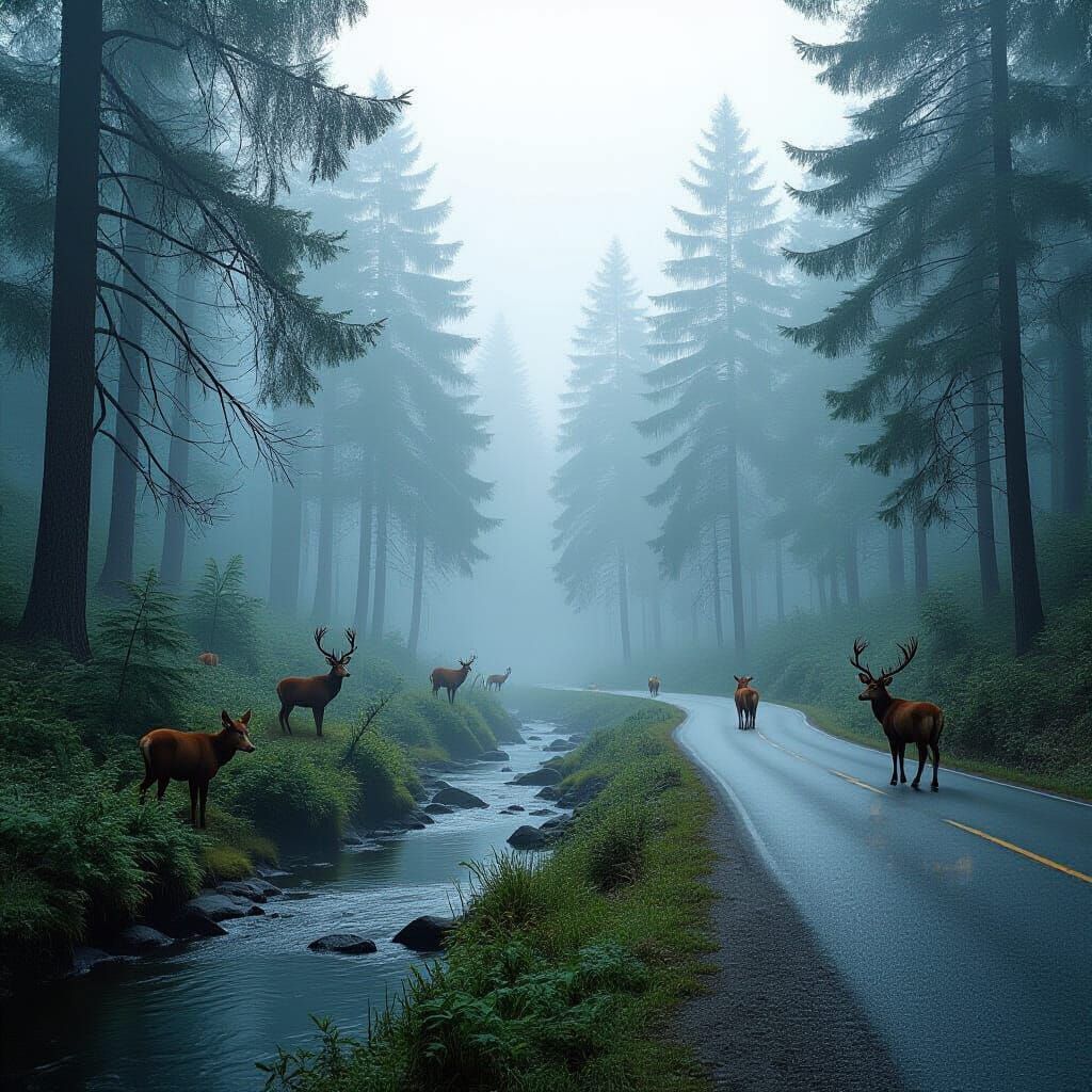 Misty Forest Scene with Wildlife and Stream by Road