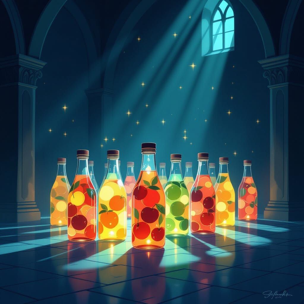 Enchanting Glowing Magical Drinks in Dimly Lit Room