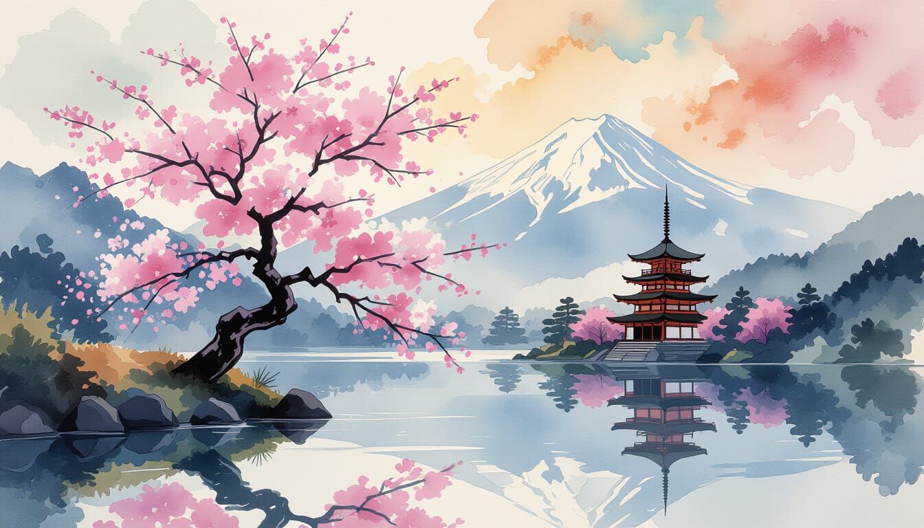 Sakura Tree with Temples in Alcohol Ink Style